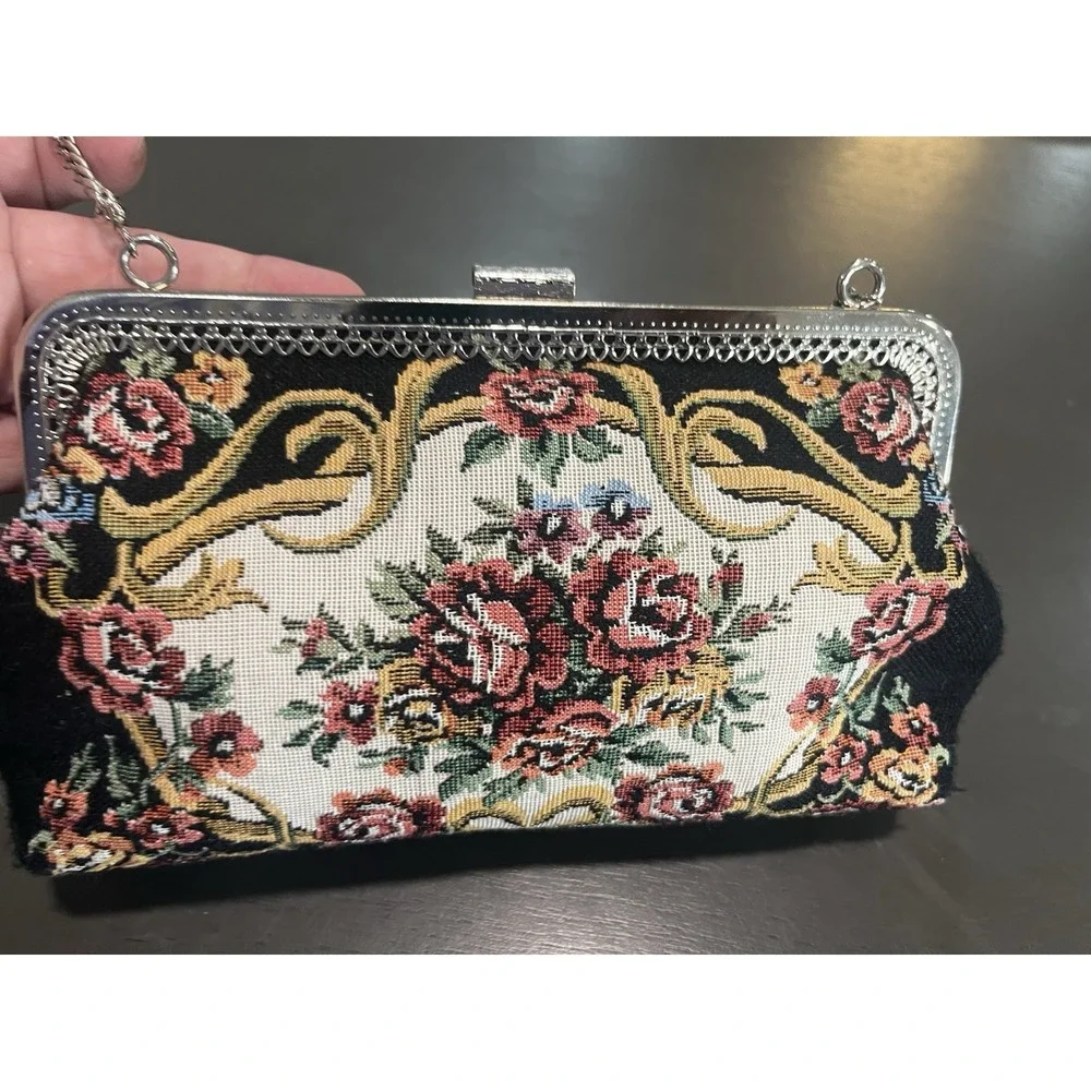 Vtg Floral Tapestry Clutch Purse Metal Chain Strap Black Floral Mad In Hong Kong